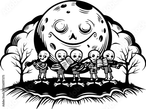 SVG capturing a slow lifestyle with Halloween horror vibes. Happy Skeleton Band Playing Music Under a Smiling Moon