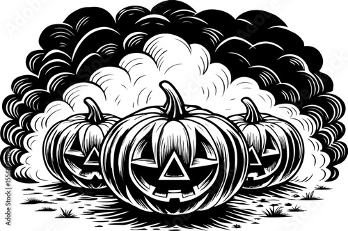 SVG capturing a slow lifestyle with Halloween horror vibes. Spooky Halloween Pumpkins with Creepy Faces and Smoke Background