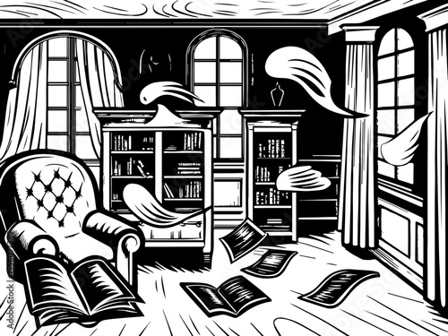 SVG capturing a slow lifestyle with Halloween horror vibes. Mysterious Ghostly Presence in a Vintage Library Setting