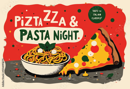 Vintage vector illustration set featuring pizza, burgers, and Italian restaurant designs. Perfect for retro posters, menus, labels, fast food signs, pizzeria cards, and delicious meal promotions .