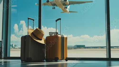 Suitcases and plane departing at sunny modern airport  
