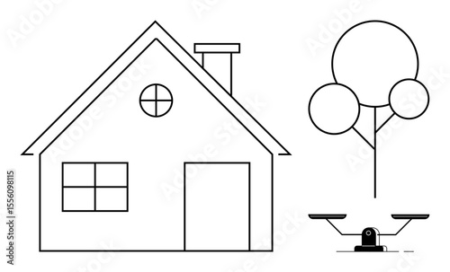House with chimney, circular window, nearby tree, and seesaw. Ideal for family, play, simplicity, childhood community home life and balance themes. A simple flat metaphor