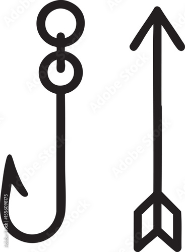Simple Black Line Drawing of Fishing Hook and Arrow Pointing Upward on White Background minimalist black