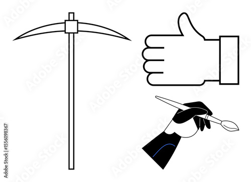 Hand holding a paintbrush, thumbs-up icon, and a simple pickaxe design. Ideal for creativity, approval, craftsmanship, minimalism, art, construction and a simple landing page