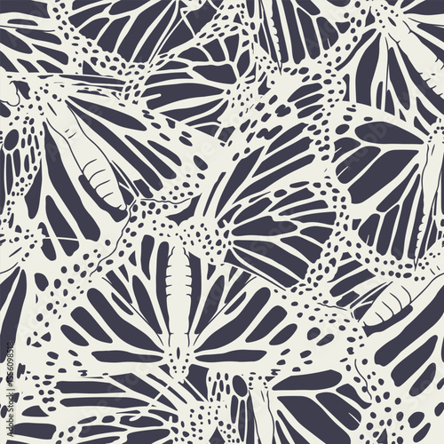 Vintage seamless pattern with hand drawn monochrome black and white monarch butterflies. Repeat all over wallpaper of beautiful tropical insect