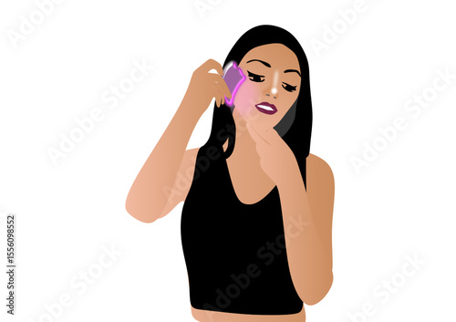 Girl doing facial massage with spatula, cosmetic procedure, Gua Sha massage technique, uses massage scraper,