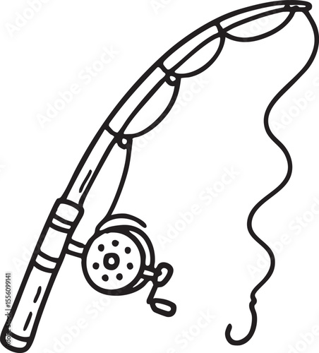 Simple Black and White Line Art Illustration of a Fishing Rod and Reel with Hook and Line