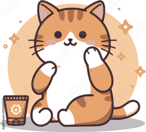 A cute cat character holding and applying sunscreen