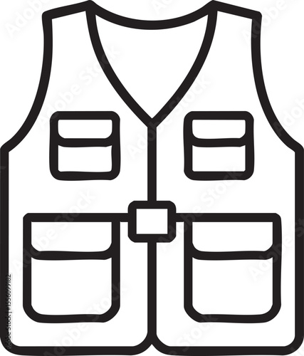 Outline Illustration of a Fishing or Utility Vest with Multiple Pockets and a V Neck Design Style