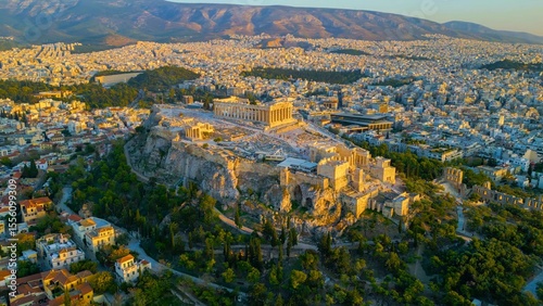 Fototapeta Naklejka Na Ścianę i Meble -  Aerial view around the acropolis in the capitol city Athens in Greece on a sunny late afternoon in fall.
