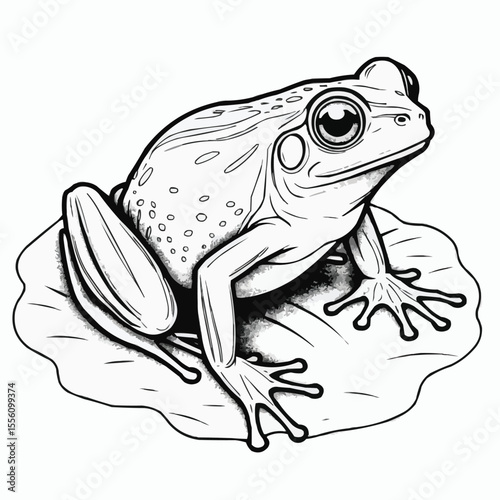 Frog illustration in black and white sitting on a lily pad with detailed line work and shading style