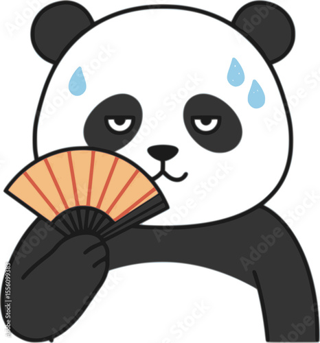 Illustration of a panda character sweating and fanning itself

