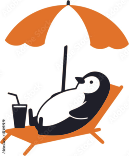 Illustration of a penguin relaxing on a sunbed under a parasol with a drink