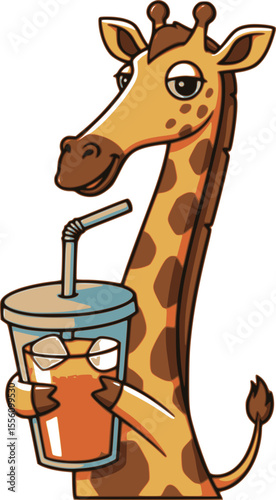 A cute and humorous illustration of a giraffe character holding an iced drink

