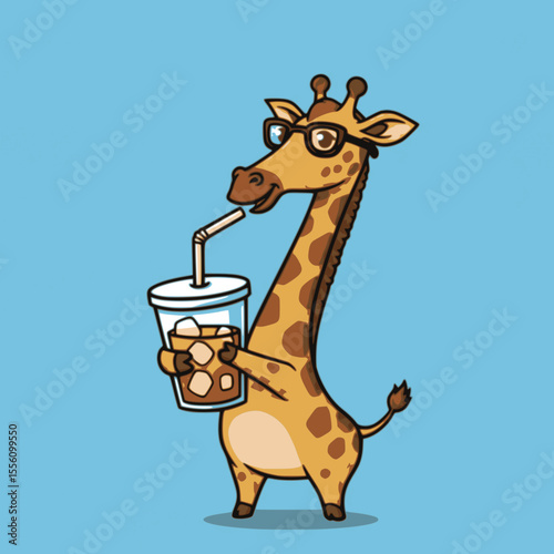 A cute and humorous illustration of a giraffe character holding an iced drink

