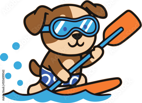 A dog character paddleboarding on water