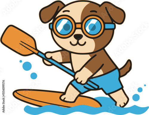 A dog character paddleboarding on water