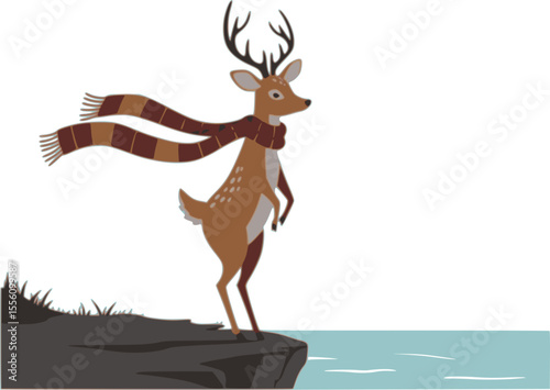An illustrated deer wearing a scarf stands on a cliff, gazing out at the sea. The scarf flutters in the wind, creating a calm and somewhat lonely atmosphere.