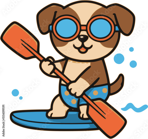 A dog character paddleboarding on water