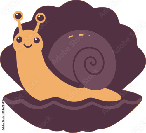 A cute illustration of a lovely snail sitting on a purple seashell
