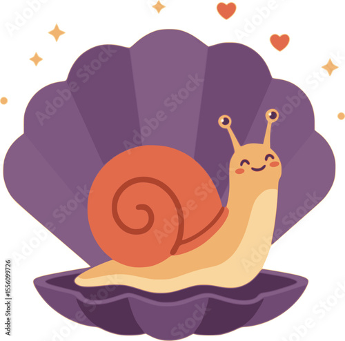 A cute illustration of a lovely snail sitting on a purple seashell