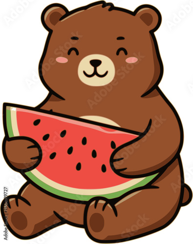 A cute brown bear is happily eating a slice of watermelon. The bear has a cheerful expression, evoking a summer vibe.

