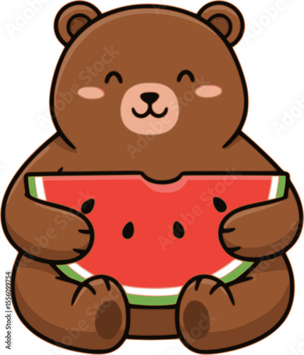 A cute brown bear is happily eating a slice of watermelon. The bear has a cheerful expression, evoking a summer vibe.

