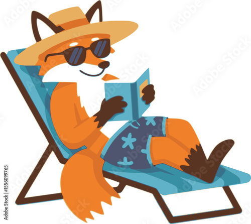 A summer illustration of a fox relaxing on a sunbed, wearing sunglasses and reading a book
