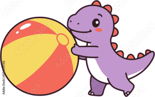 Illustration of a cute dinosaur character holding a beach ball
