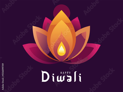 Elegant Happy Diwali Illustration with Lotus Flower and Warm Color Palette on a Dark Background