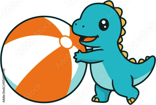 Illustration of a cute dinosaur character holding a beach ball