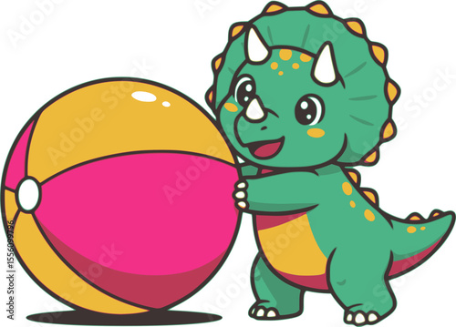 Illustration of a cute dinosaur character holding a beach ball
