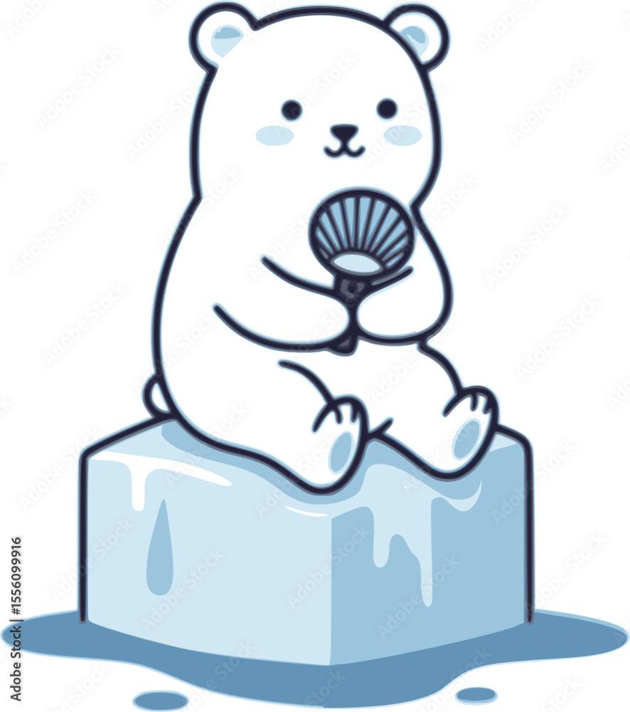 Fototapeta premium A cute illustration of a polar bear cooling off with a fan while sitting on an ice block