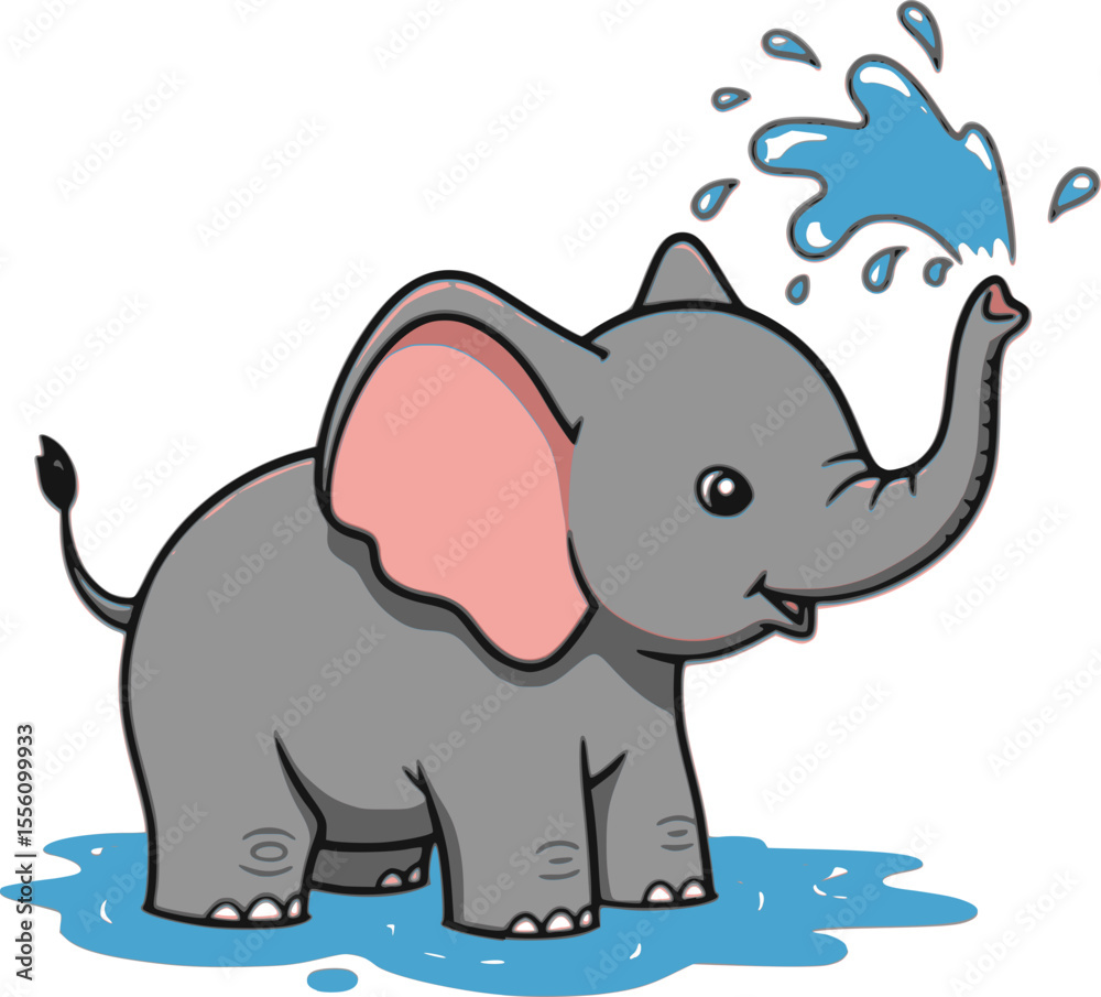 Fototapeta premium A cute baby elephant is playfully spraying water with its trunk. The elephant is standing in a puddle and has a cheerful, energetic expression.