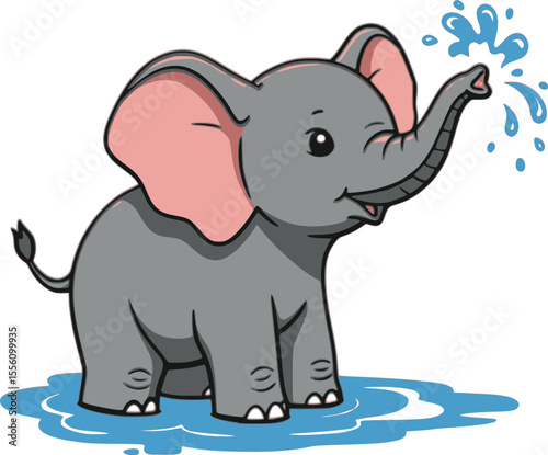 A cute baby elephant is playfully spraying water with its trunk. The elephant is standing in a puddle and has a cheerful, energetic expression.