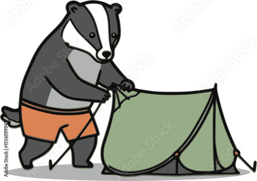 An illustration of a badger character setting up a green tent. The badger is wearing orange shorts and securing the tent ropes.

