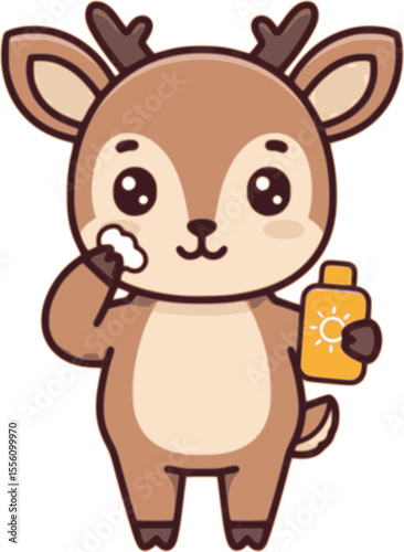 An illustration of a cute deer character applying sunscreen to its face. The deer is holding a sunscreen bottle with a sun icon and applying it with the other hand.