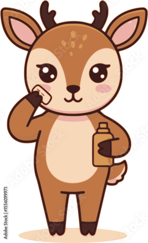 An illustration of a cute deer character applying sunscreen to its face. The deer is holding a sunscreen bottle with a sun icon and applying it with the other hand.