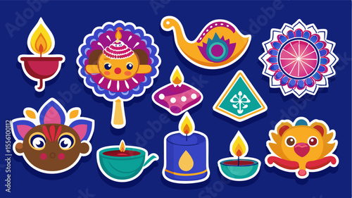 Festive Diwali Stickers A Colorful Collection of Traditional Designs on a Dark Blue Background collection