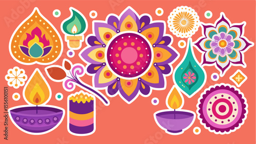 Colorful Diwali Celebration Illustration with Floral Designs and Lit Candles on a Peach Background vibrant