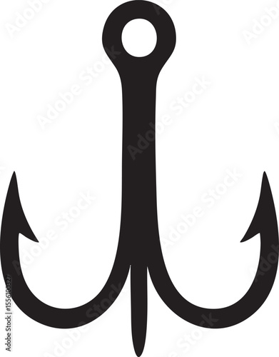 A Simple Black Fishing Hook with Three Barbs Against a White Background for Fishing black fishing