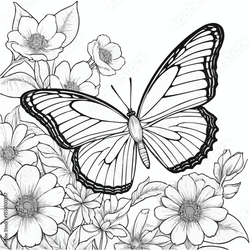 Detailed line art of a butterfly surrounded by various flowers and leaves in a monochrome style