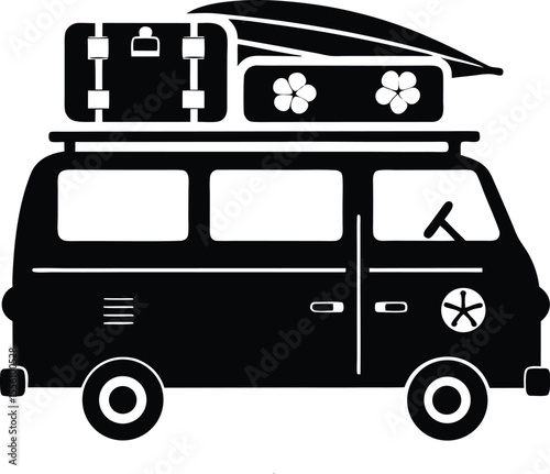 Black and white vector of a vintage van with luggage and surfboard, ideal for travel and adventure themes