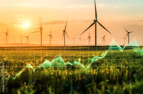 A wind farm with numerous turbines is silhouetted against a warm golden sunset A green financial graph overlaid on the image suggests growth and positive performance