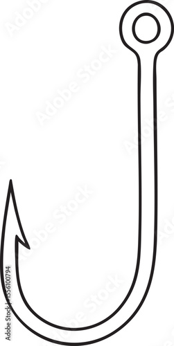 Simple Black and White Outline Drawing of a Fishing Hook with Sharp Point and Eyelet minimalist