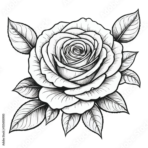 Detailed line art illustration of a rose blossom surrounded by leaves on a white background