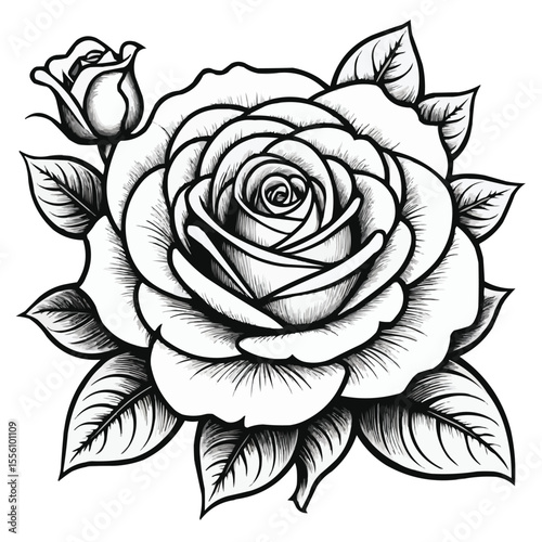 Detailed black and white line art illustration of a rose with leaves and a smaller rose bud nearby