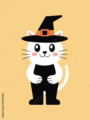 A cute white cat dressed up as a witch for Halloween