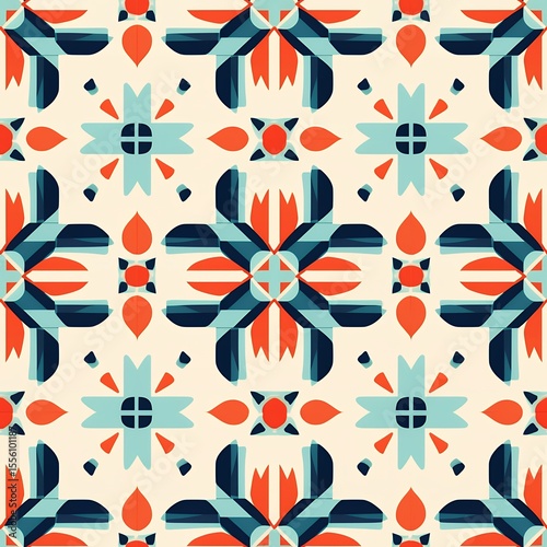 Seamless Geometric Pattern with Teal Orange and Cream Shapes