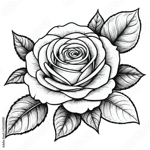  Detailed monochrome rose illustration with surrounding leaves on a white background art drawing